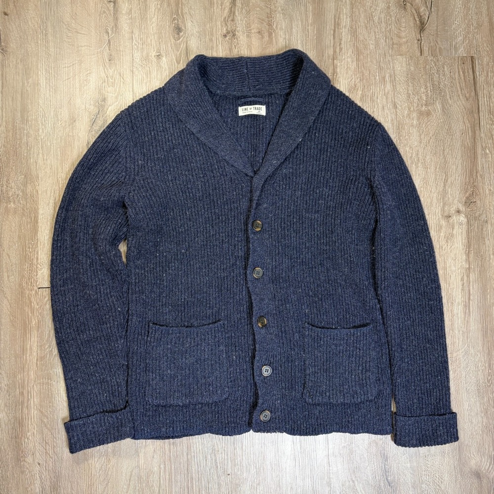 Line of Trade Cardigan 100% Shetland Wool Blue Sweater Medium Button